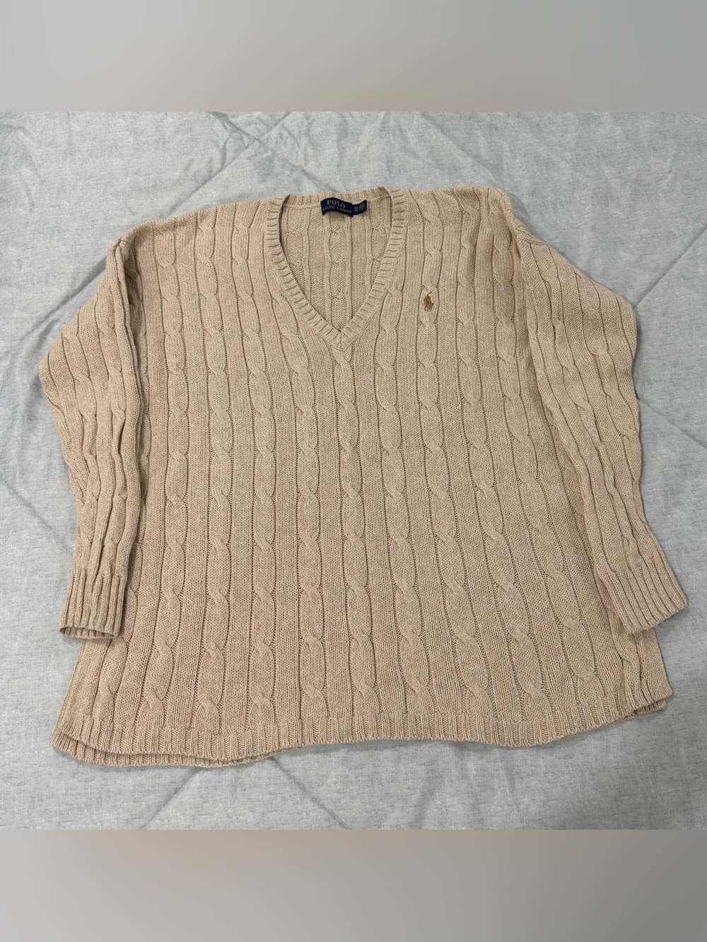 Ralph Lauren Tan Cable-Knit V-Neck Sweater